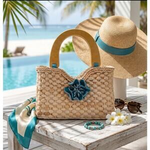 Vintage Woven Straw Handbag with Carved Wood Handles & Teal Floral Detail
